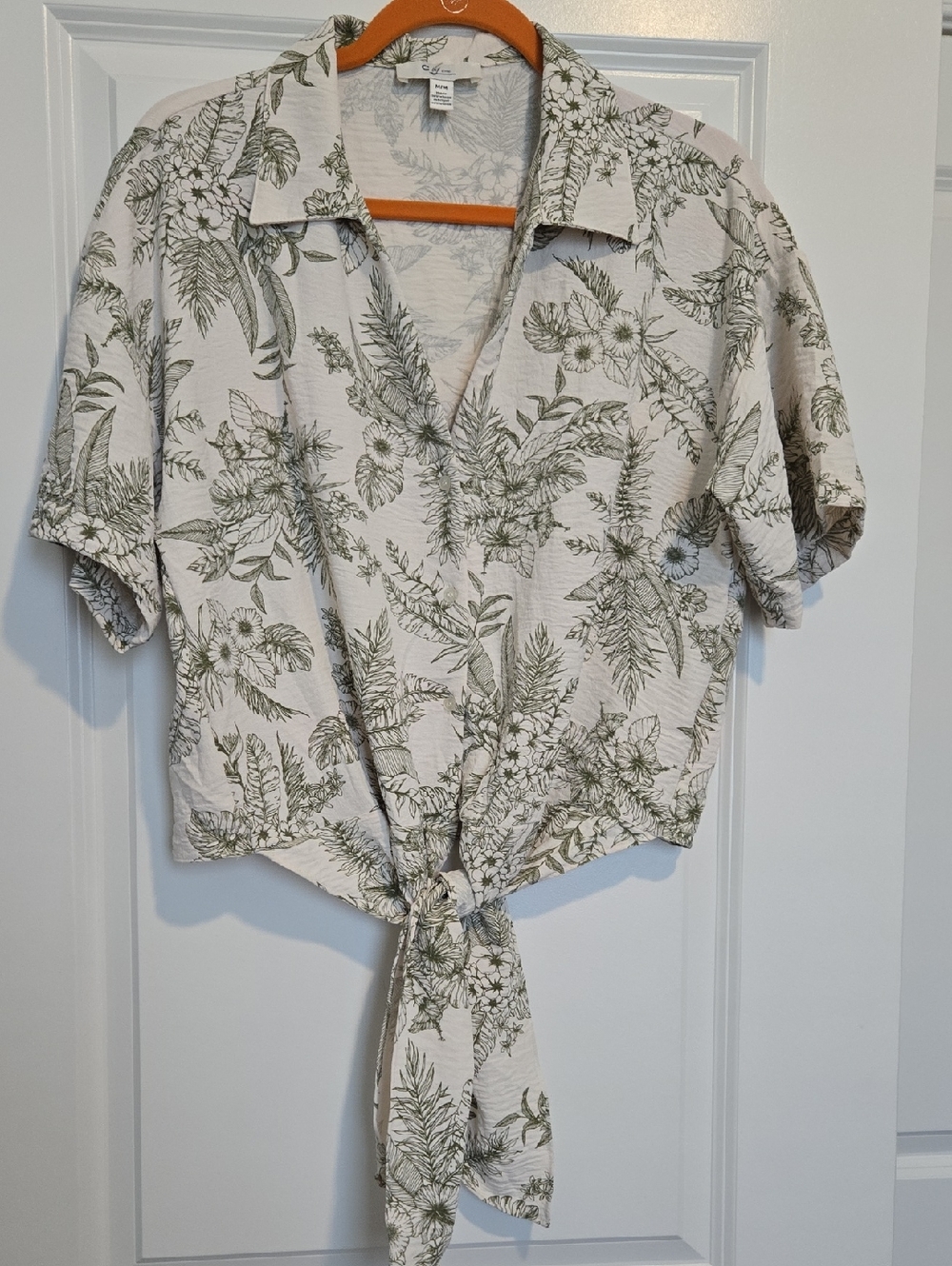 Tie-Front Button-Down Crop Shirt - Green on Cream
